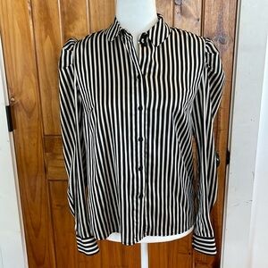 Vince Camuto Black Cream Striped Button Down Top XS Satin puff long sleeves